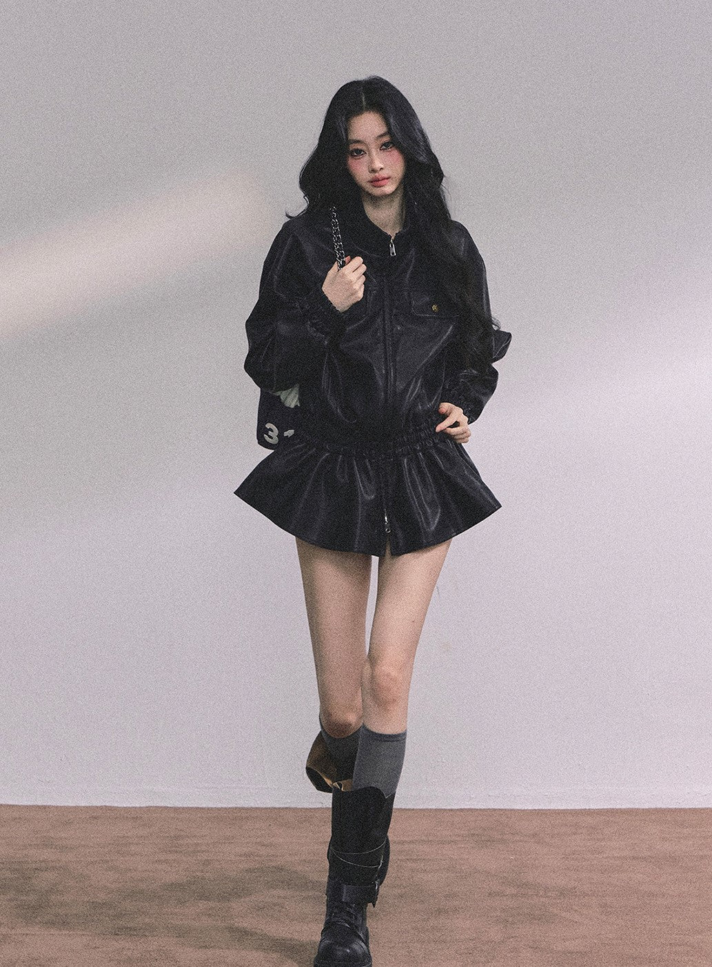 Stand Collar Black Leather Jacket DIA0603