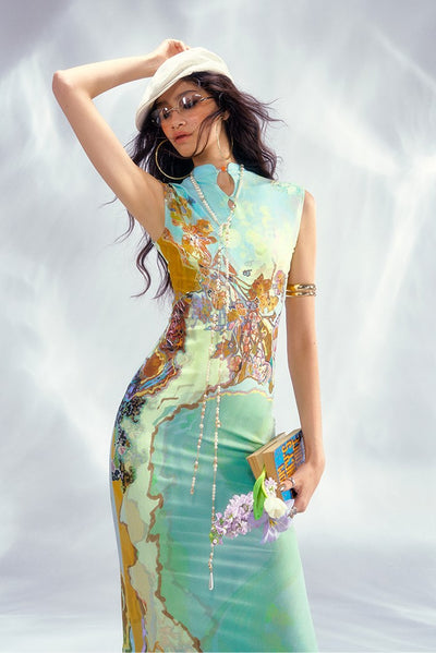 Contrast Color Printed Chinese Dress OFA0245