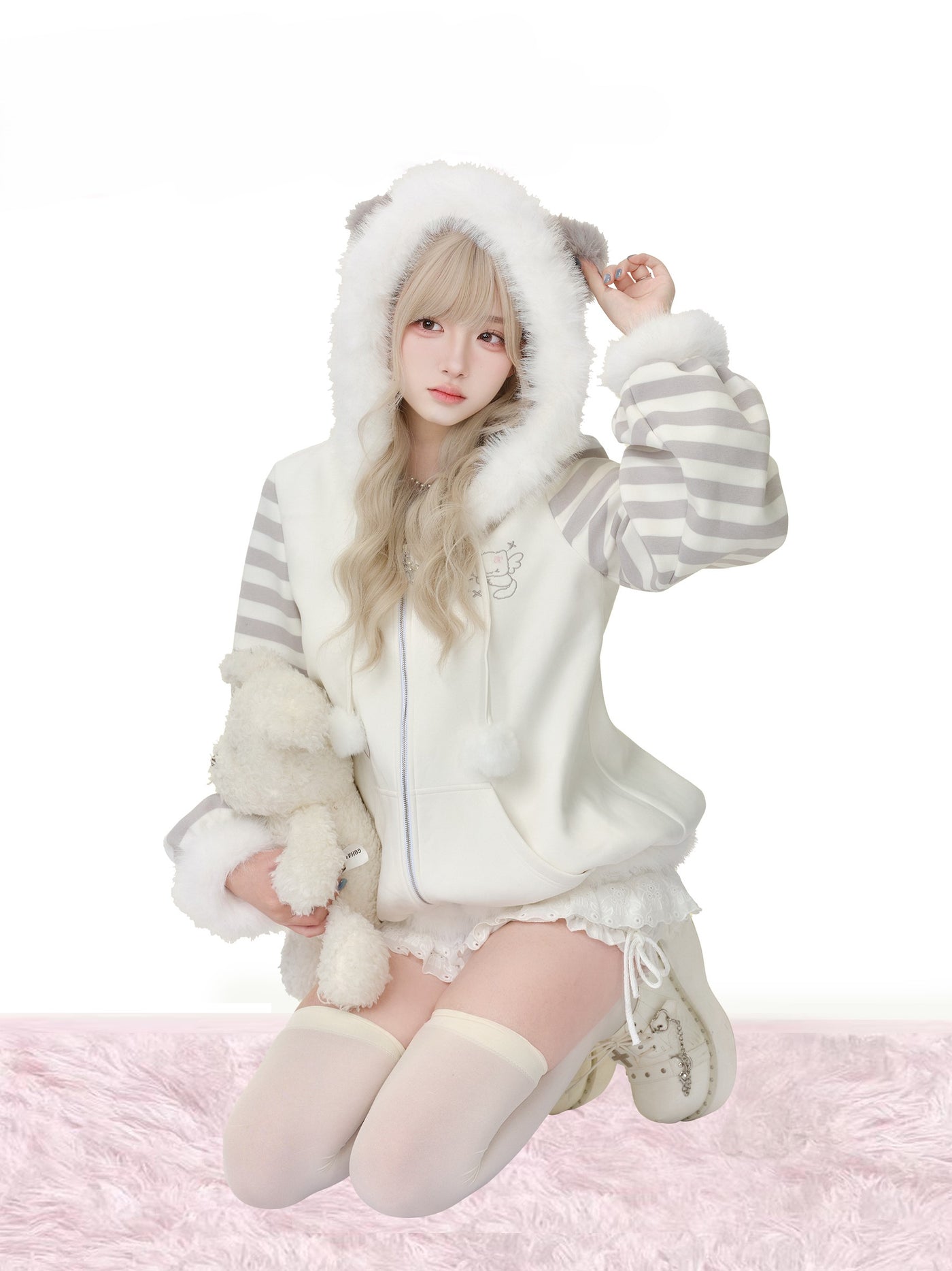 Gray and White Striped Hooded Jacket/Cake Skirt SER0198