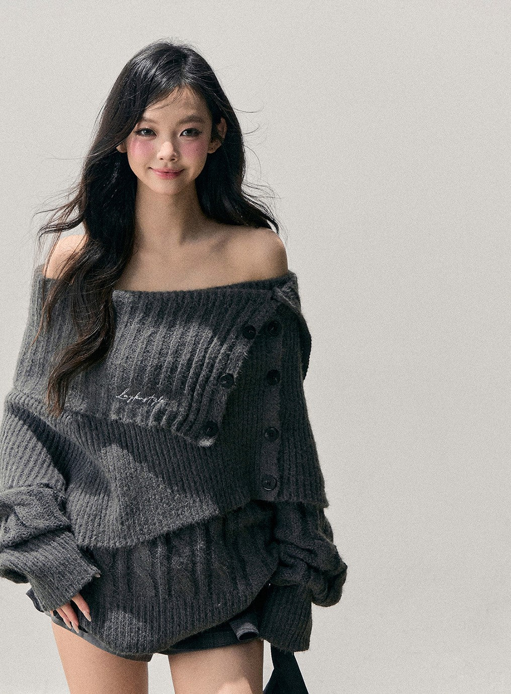 Gray Off-Shoulder Loose Sweater DIA0723