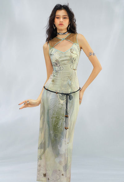 Cross-flower Mesh Print Dress OFA0241
