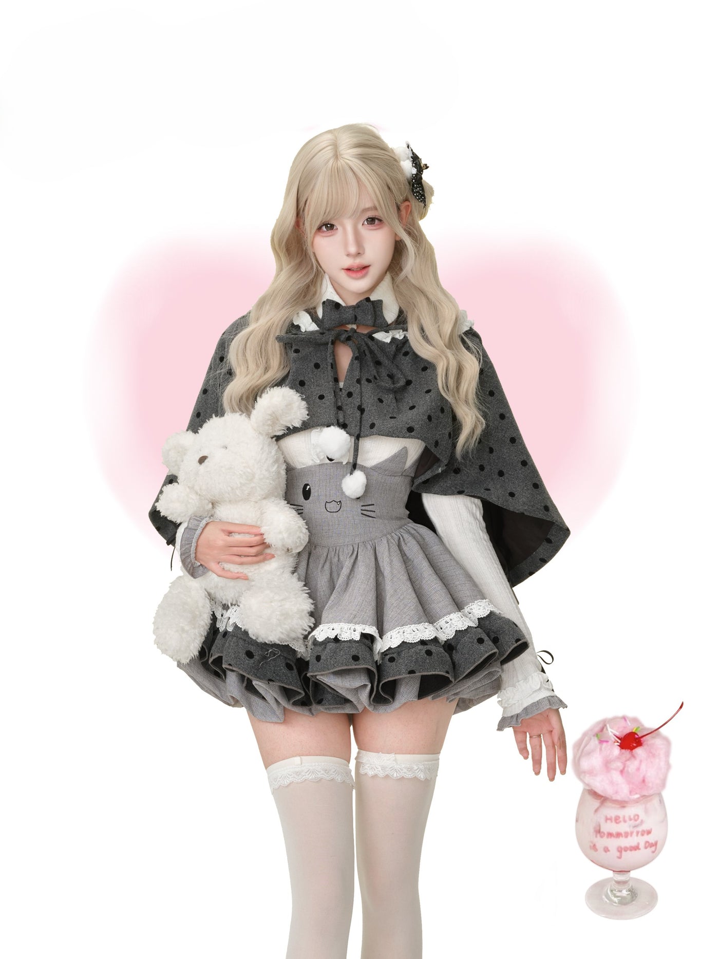 Gray Cat Doll Suspender Skirt/Lace Top/Cape SER0194
