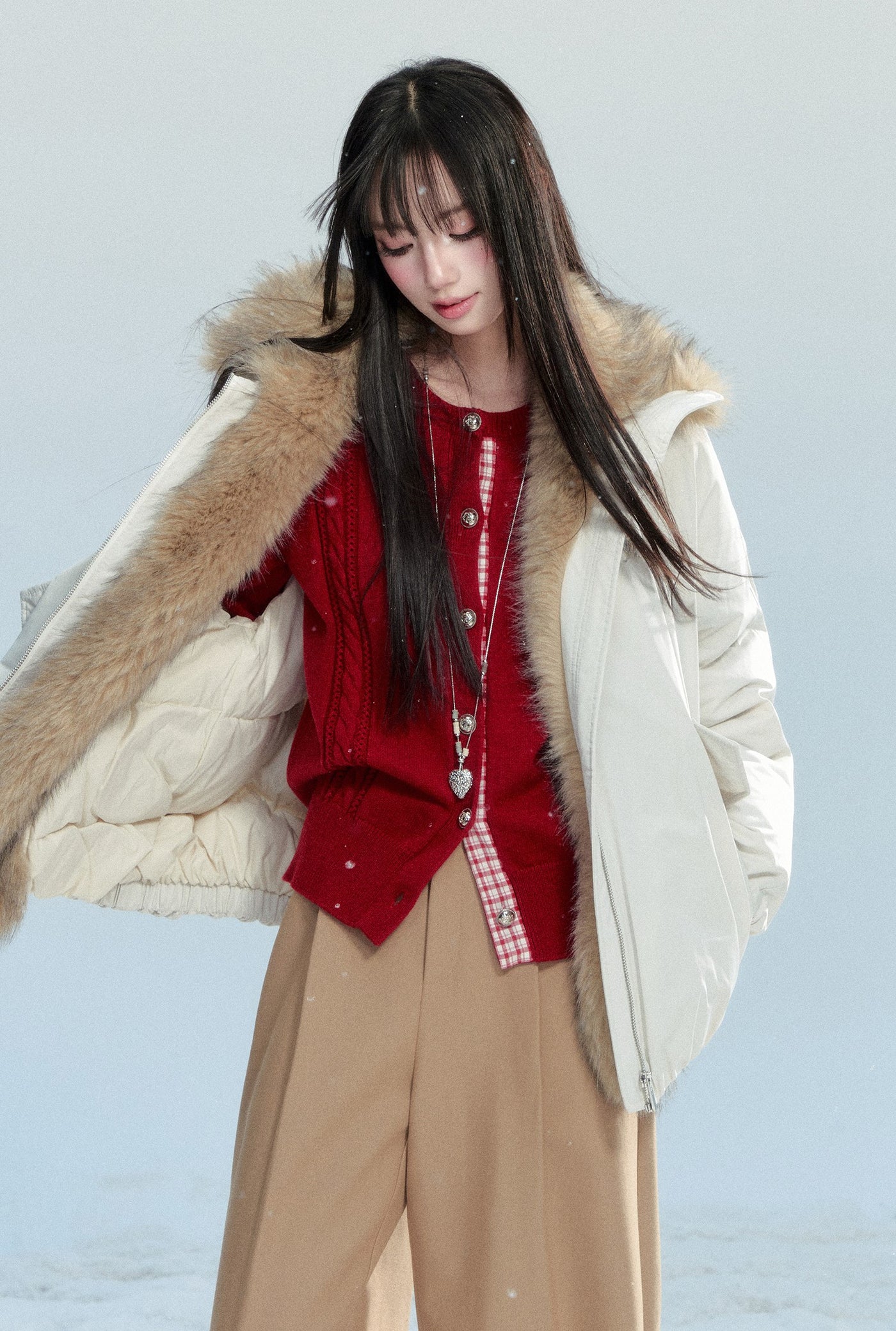 Red Faux Two-piece Plaid Knit Cardigan FRA0485