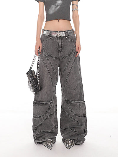 Washed Retro Multi-pocket Deconstruction Design Wide-leg Jeans UNC0120