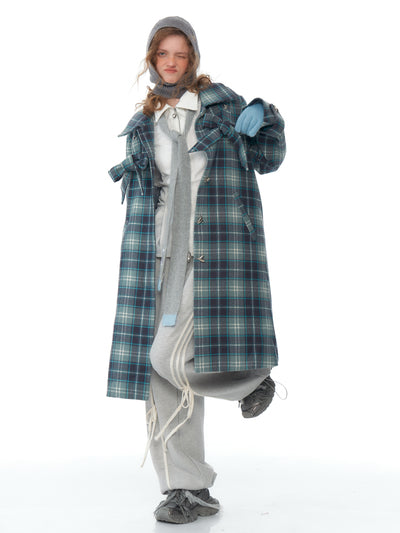 Retro High-end Mid-length Bow Blue Plaid Tweed Coat ZIZ0199