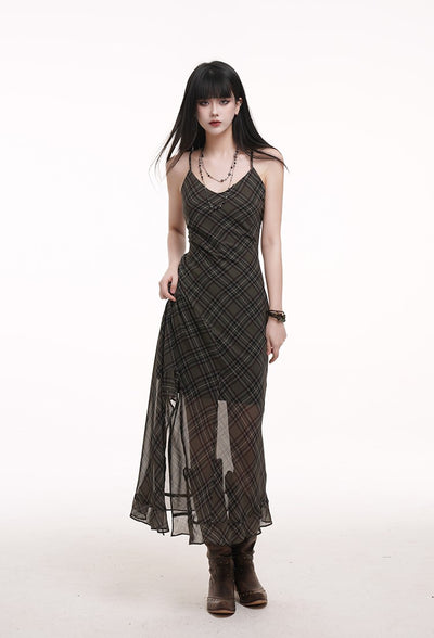 Green Plaid Suspender Dress LAD0173