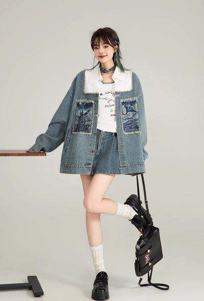 Literary Style Embroidered Denim Casual Jacket/Black Long Skirt KEI0122