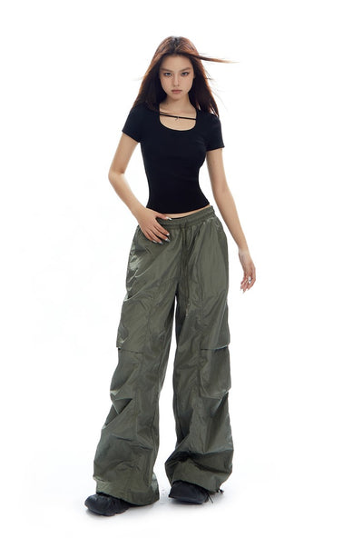 Loose Pleated Glossy Workwear Wide-leg Pants APE0316