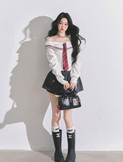 One-shoulder Long-sleeved Striped Shirt DIA0595