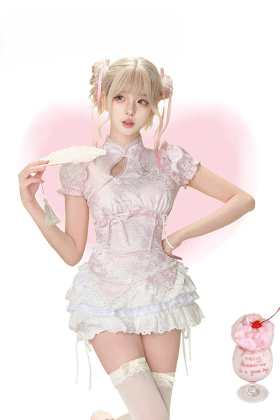 Bunny Pink Chinese Style Top/White Skirt SER0179