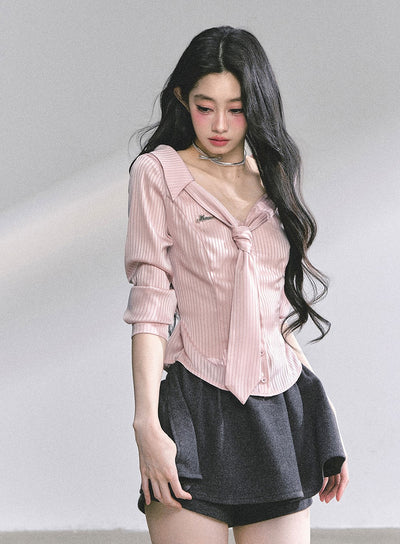 Pink Polo Collar Striped Shirt  DIA0570