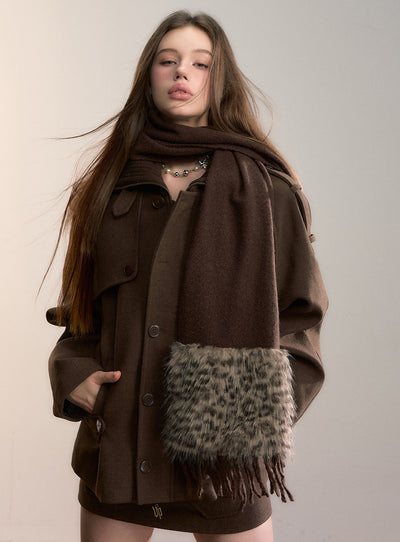 Brown High-neck Patchwork Wool Coat VIA0346