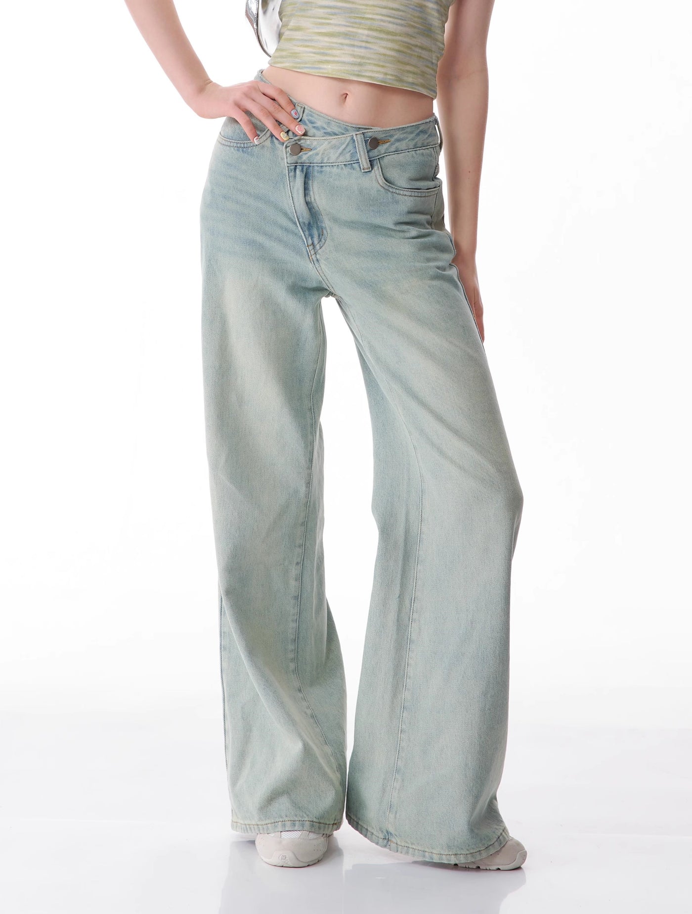 Slanted Waist Slim Flared Wide-leg Jeans ZIZ0134