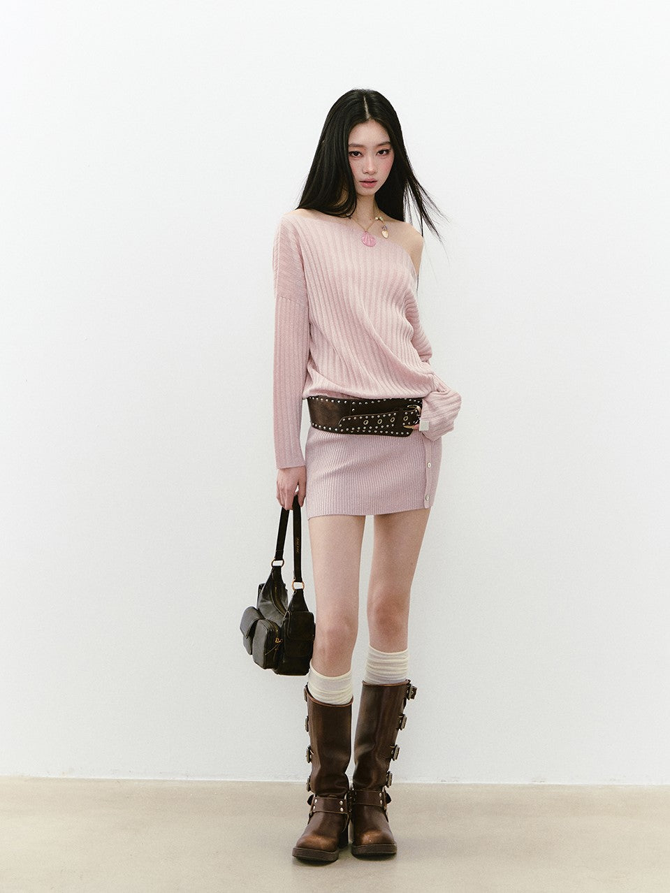 Off Shoulder Button Knitted Dress VIA0267