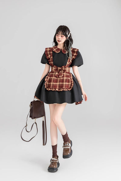 Maid Style Plaid Short Skirt Black Dress KEI0076