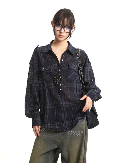 Retro Navy Plaid Long Sleeve Shirt UNC0275