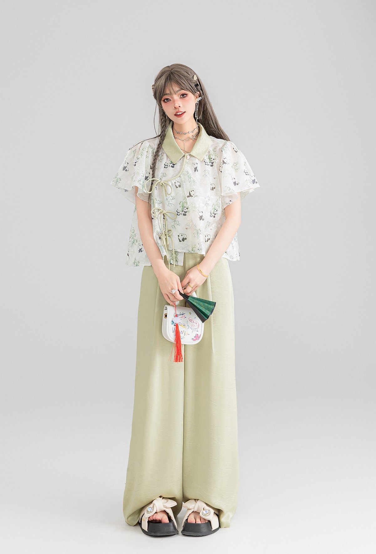 Panda Pattern White Chiffon Shirt/Light Green Pants KEI0049