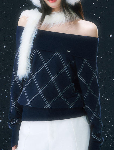 Off-Shoulder Diamond Pattern Sweater WEE0107