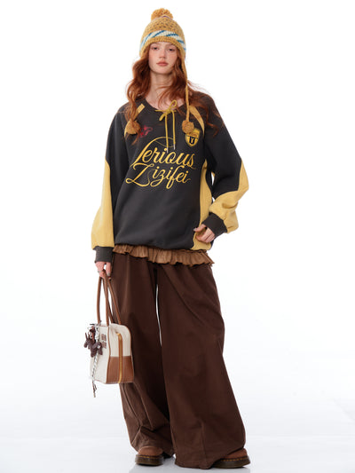 American Retro High-end Contrast Color Stitching Letters Loose Sweatshirt ZIZ0184