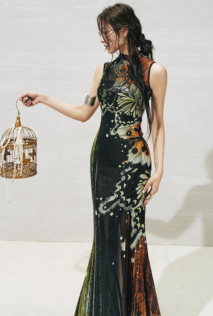 Butterfly Print Slit Dress OFA0273