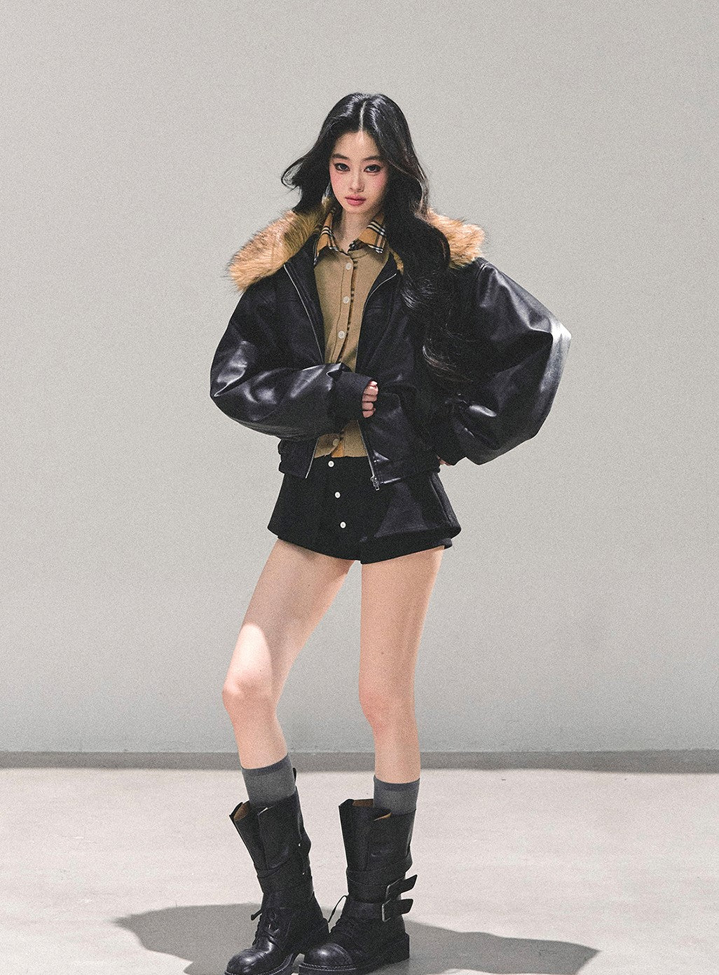 Black Large Lapel Leather Jacket DIA0690