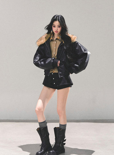 Black Large Lapel Leather Jacket DIA0690