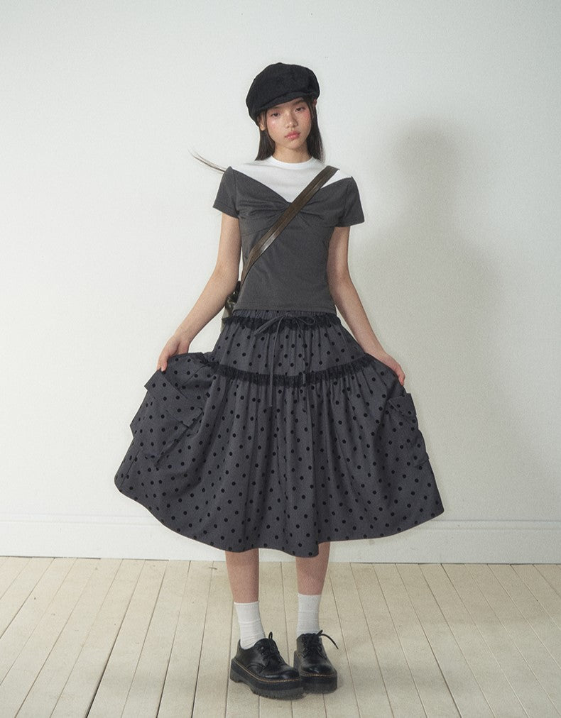 Gray Polka Dot Pocket Midi Skirt SOO0013