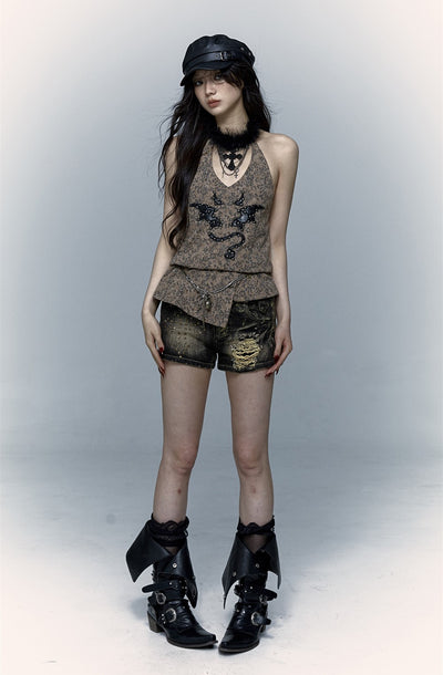 Punk Street Rock Embroidery Leopard Print Halter Vest NOR0067