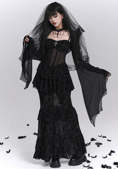 Black Fishtail Suspender Dress/Shawl LAD0242