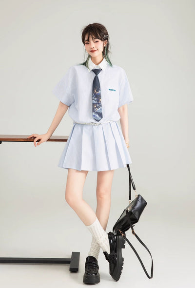 Blue Striped Short-sleeved Pleated Shirt Dress KEI0126