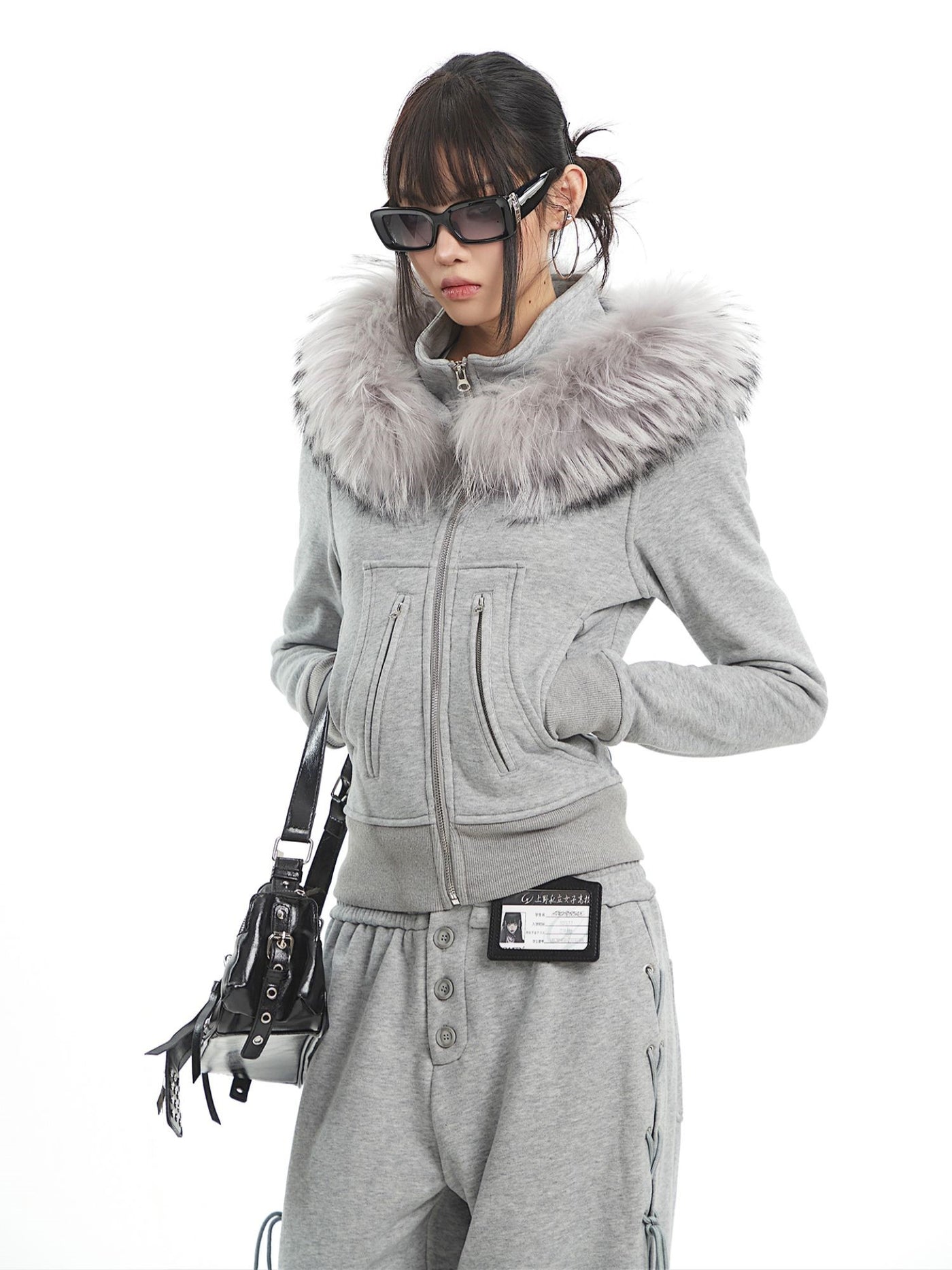 Fur Collar Hooded Sweatshirt Jacket/Pants UNC0326