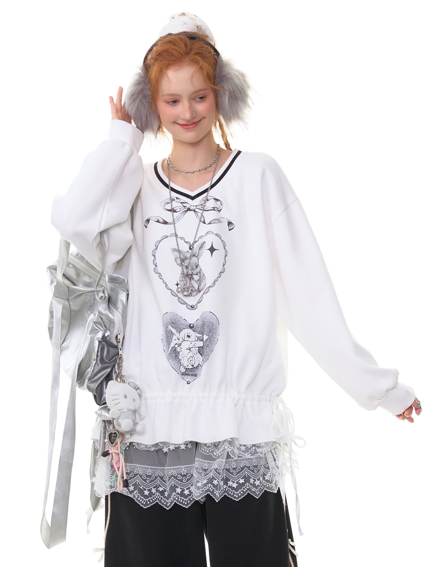 Retro Design Hem Rabbit Print Sweatshirt ZIZ0301