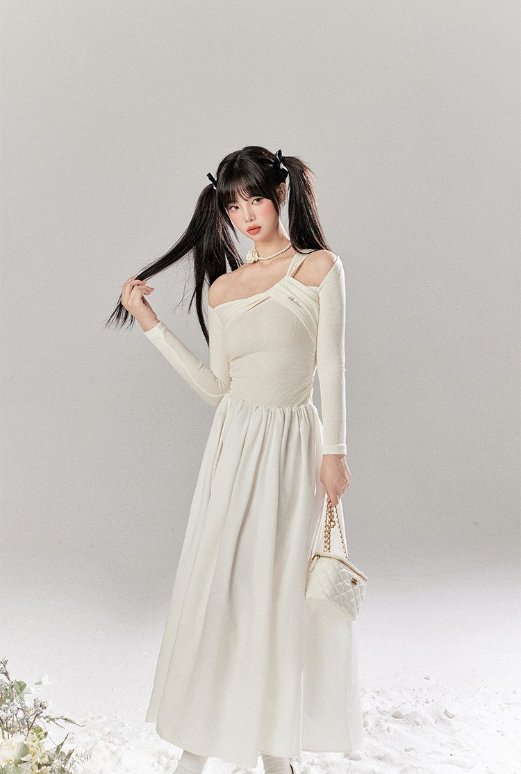 French White Hollow Design Knitted Long Dress TBI0048