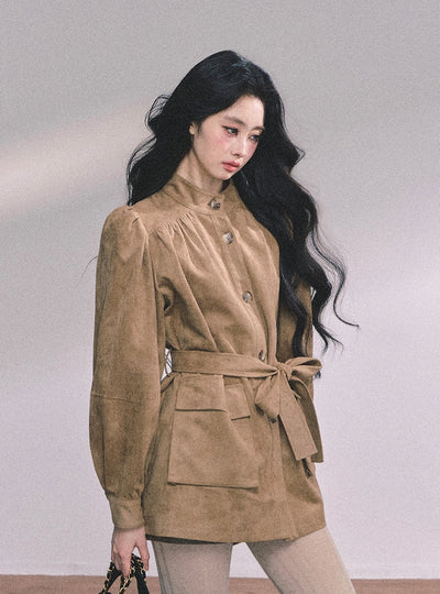 Coffee Brown Suede Stand Collar Jacket DIA0609