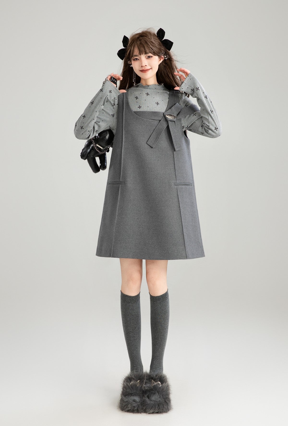 Gray Bow Tie Flower Suspender Dress/Bow Tie Design Top KEI0185