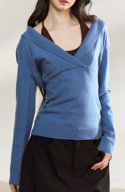 Blue V-neck Loose Sweater SHI0221