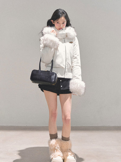 White Fur Hooded Down Jacket DIA0714