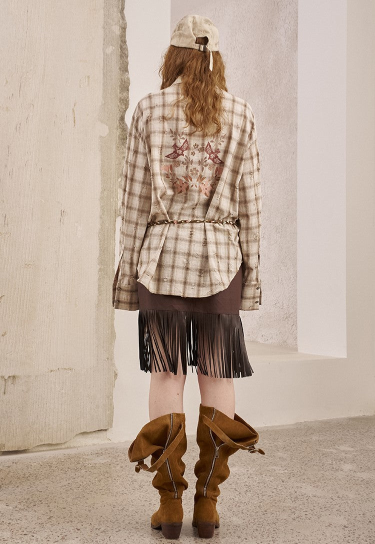 Flower Embroidered Tassel Leather Skirt DID0239