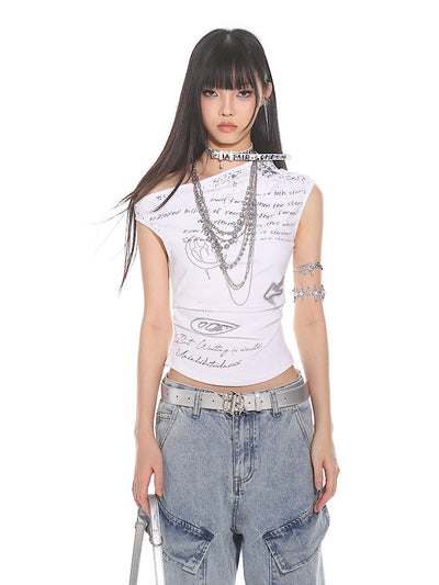 High-end Oblique Shoulder Letter Print Pleated Top UNC0124