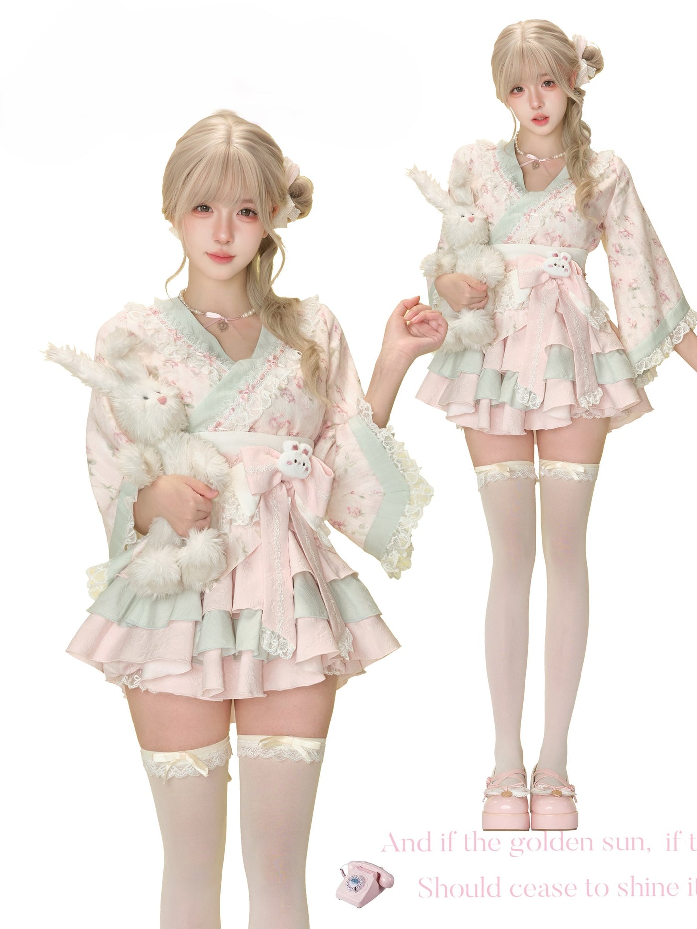 Pink Print Top/Cake Skirt/Waist Bow Belt SER0155