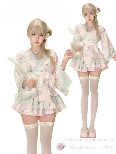 Pink Print Top/Cake Skirt/Waist Bow Belt SER0155