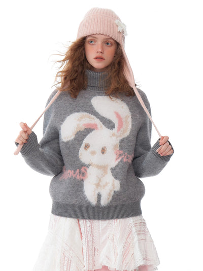 Retro Design High-grade Rabbit Soft Lazy Gray Turtleneck Sweater ZIZ0195