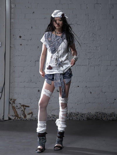 Punk Plaid Scarf Fake Two-piece T-shirt NOR0183