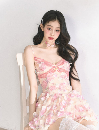 Lace Floral Suspender Puffy Dress DIA0445