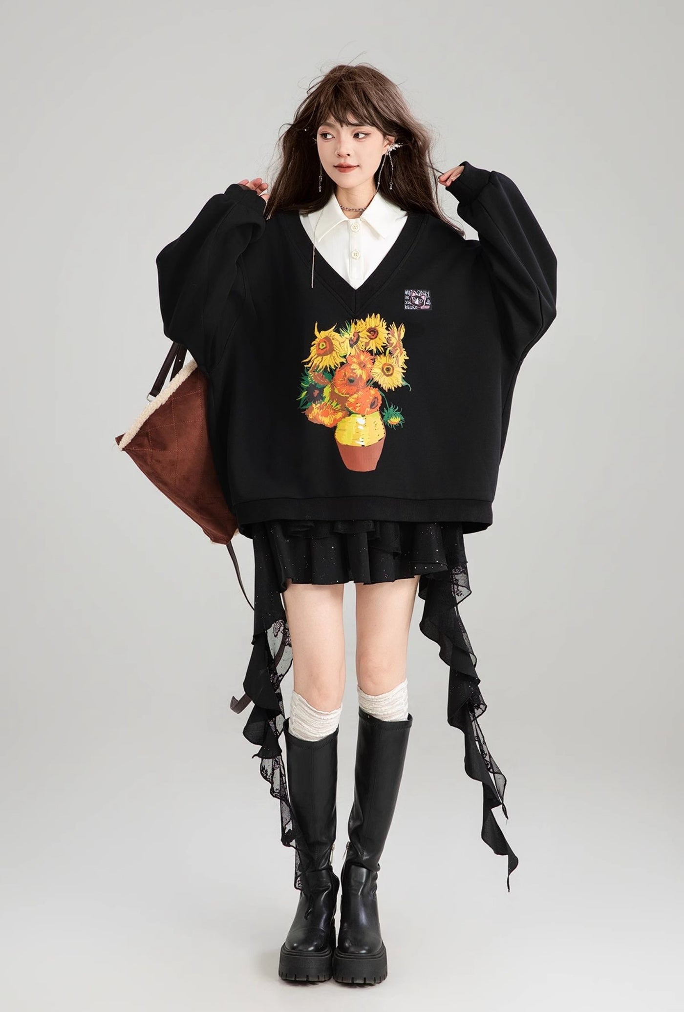 Sunflower Painting Print Fake Two-piece Polo Collar Sweatshirt/Skirt KEI0182