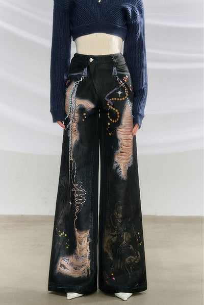 Ripped Full Print Pendant Beaded Bootcut Denim Pants OFA0207