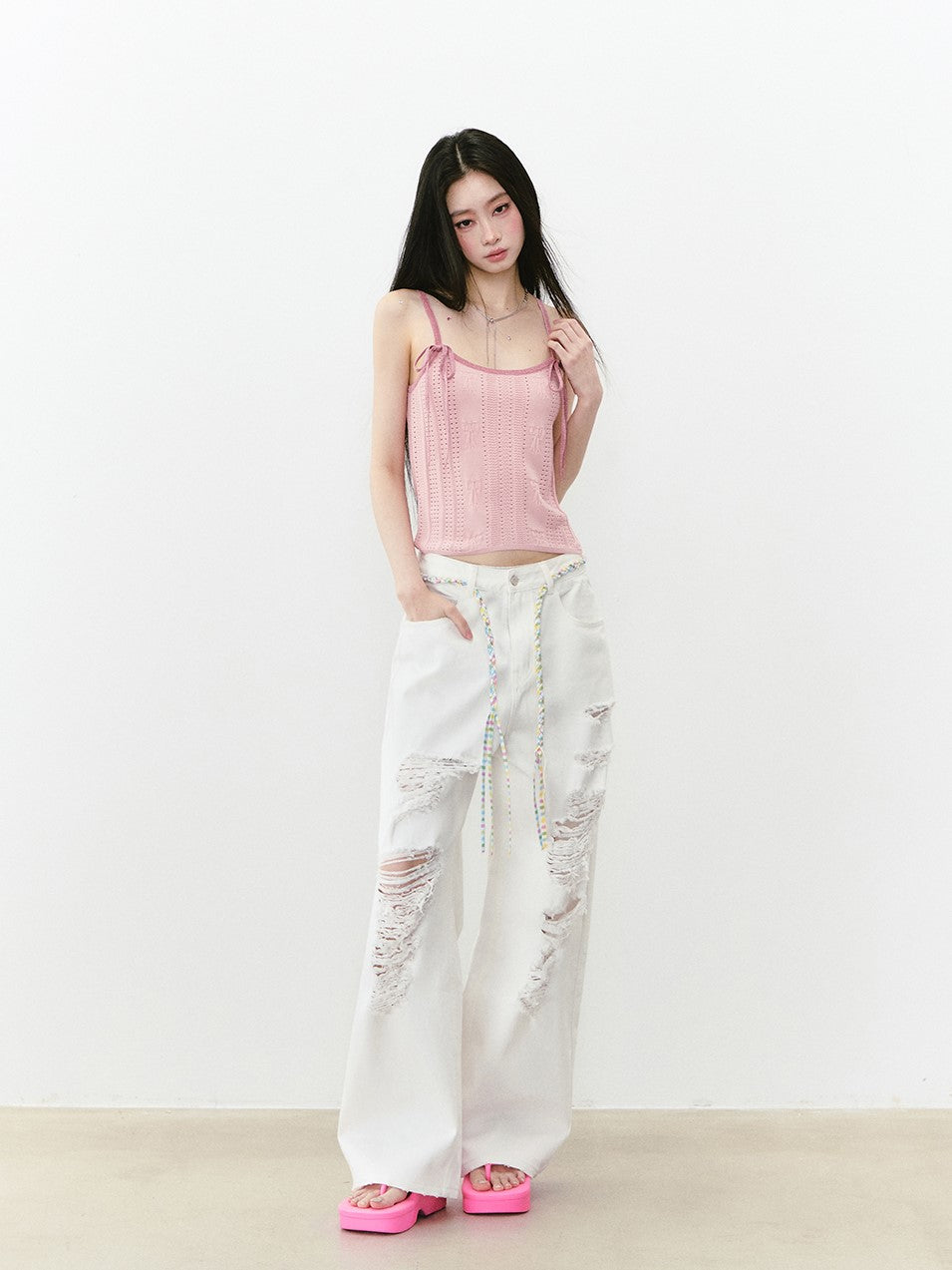 Large Hole Casual Rhinestone Jeans VIA0275