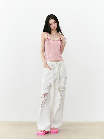 Large Hole Casual Rhinestone Jeans VIA0275