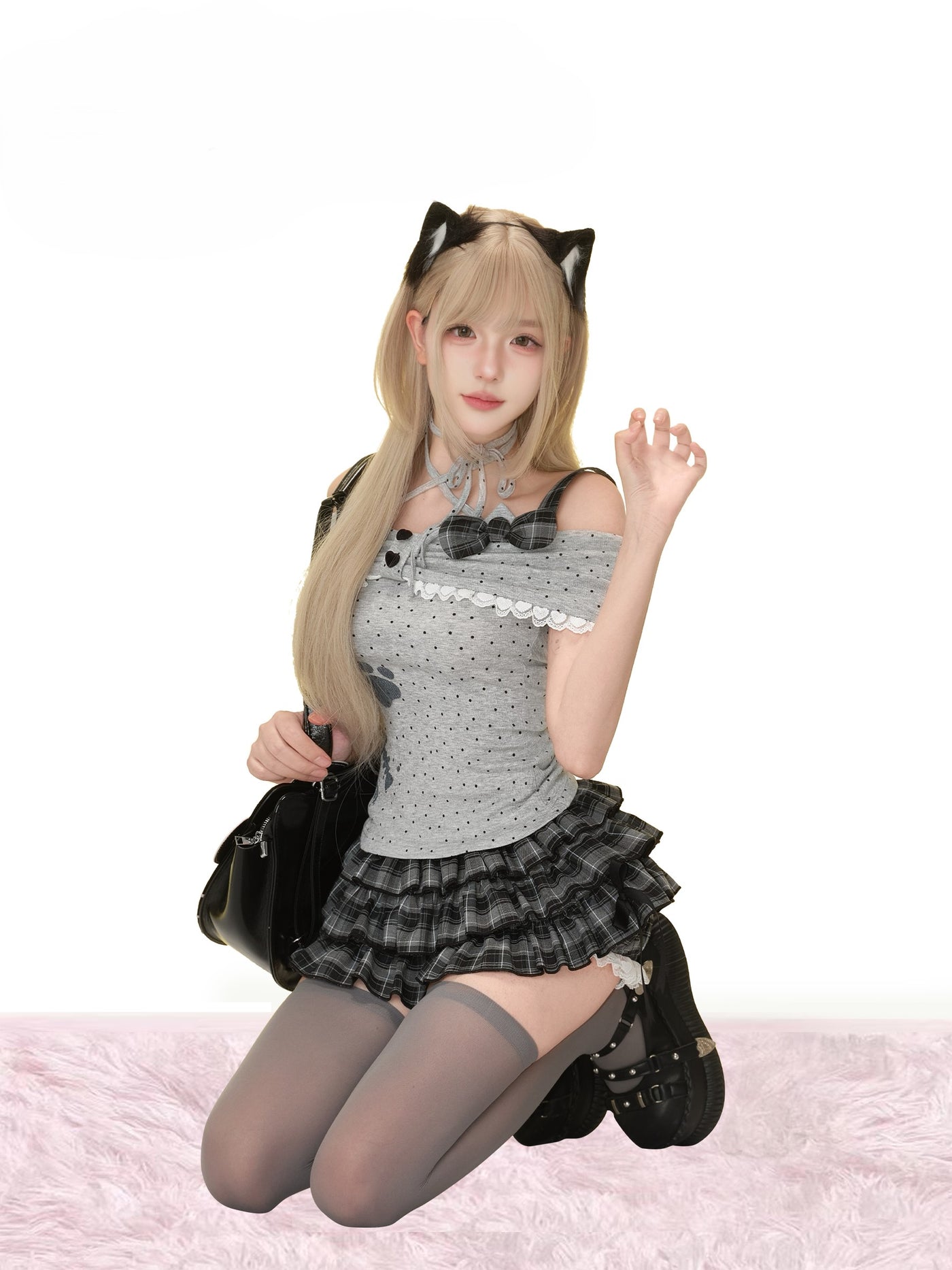 Meow Polka Dot Camisole/Plaid Cake Shorts SER0173