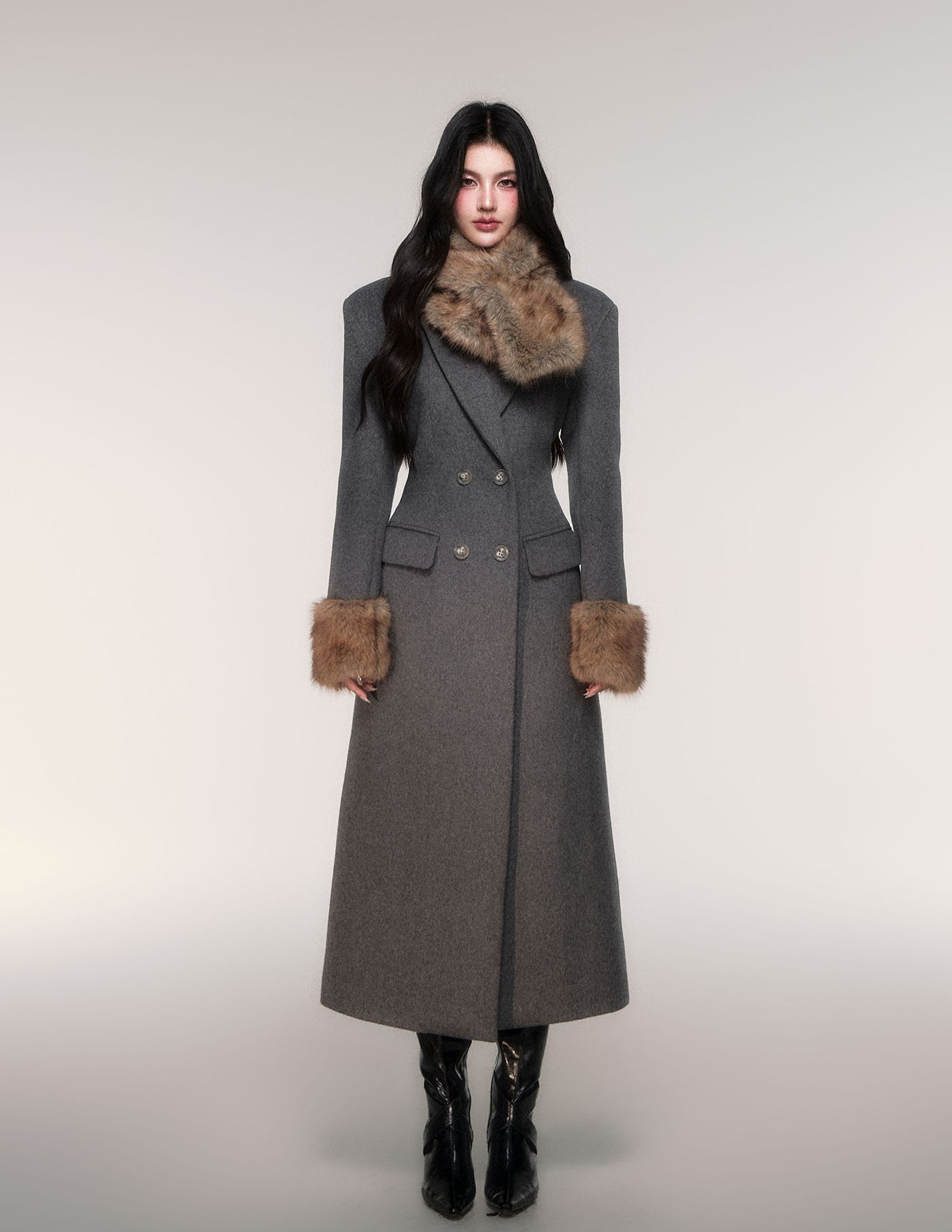 Grey Detachable Scarf Long Coat LUL0207